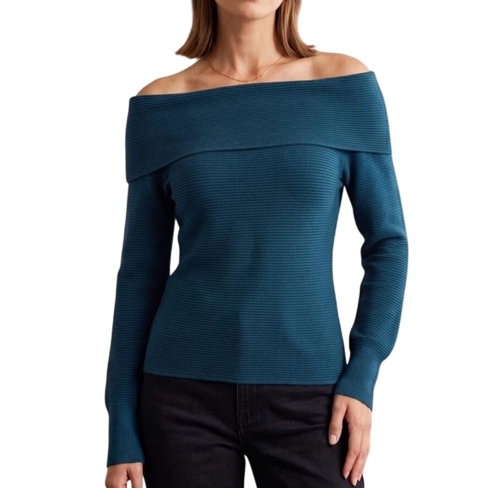 Madewell Women's XL Blue Ribbed Off-the-Shoulder Top Cotton Blend